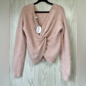 & Merci Sweater Womens Size SMALL  Long Sleeve Knotted Back Fuzzy Pullover Pink